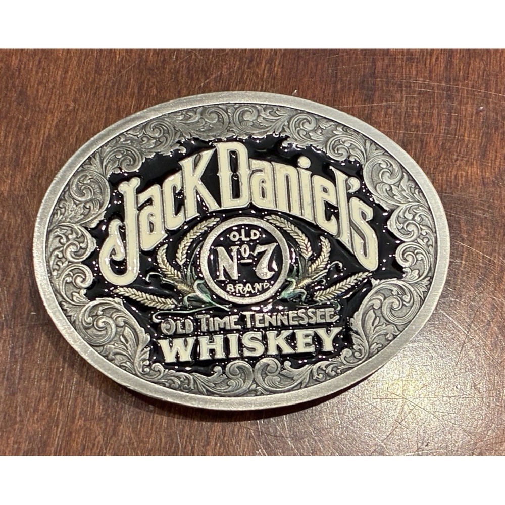 VTG JACK DANIELS Belt Buckle Old No.7 Whiskey Black Enamel Background USA Cowboy